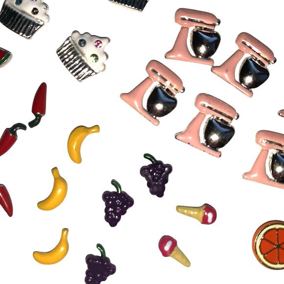 Lot of 30+ Pcs Floating Locket Silver Crafting Jewelry Charms Food Fruit Baking - Picture 2 of 5